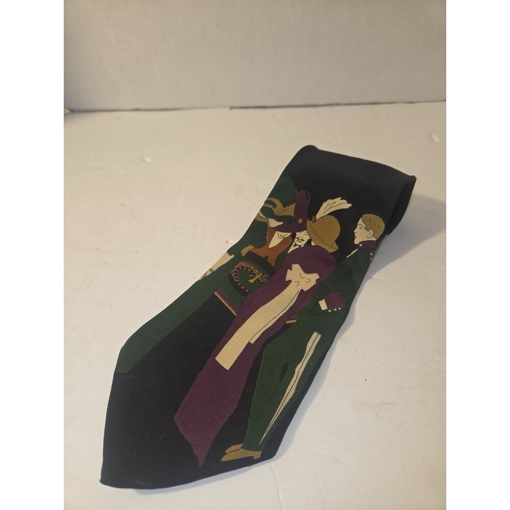 JT Beckett Men's Silk Tie Black Green Purple Tan Pictorial People Classic Length - Picture 6 of 7